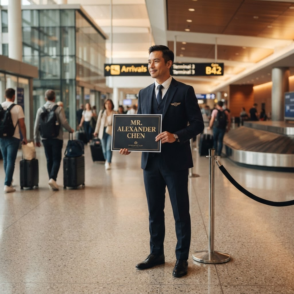 Chauffeur holding a meet-and-greet sign at Cape Town International Airport arrivals