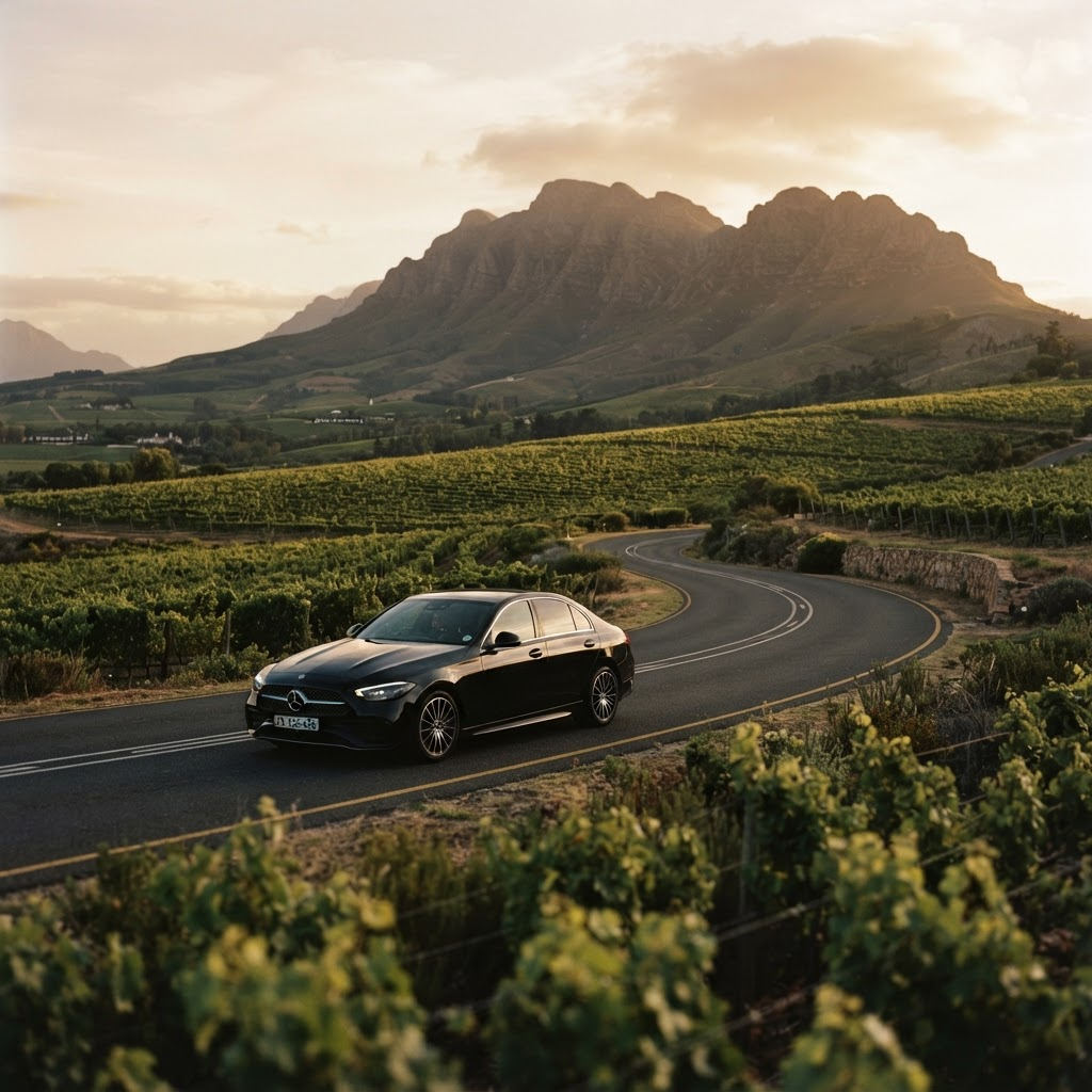 Black Mercedes-Benz driving through the Cape Winelands at golden hour