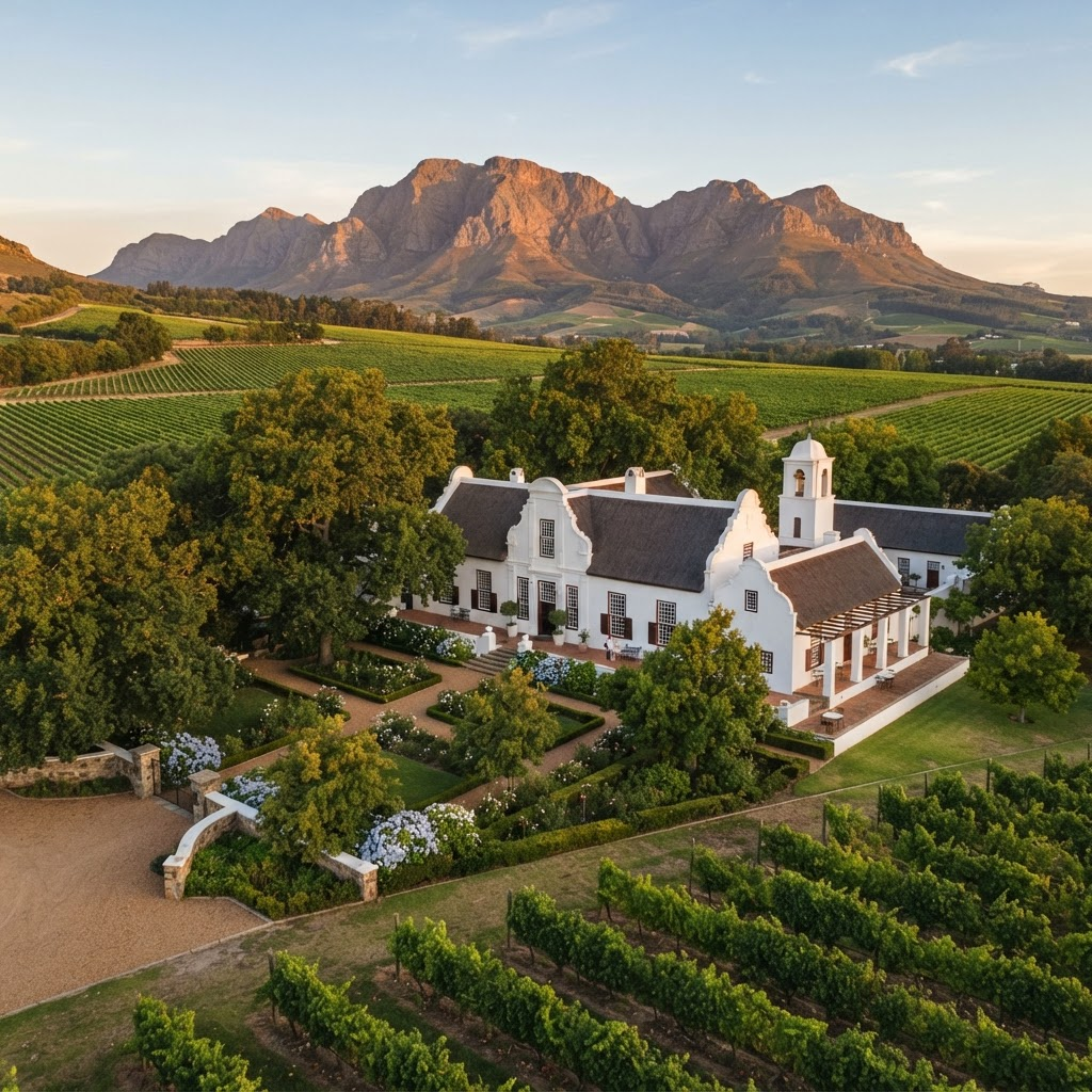 Cape Dutch wine estate surrounded by vineyards in Stellenbosch